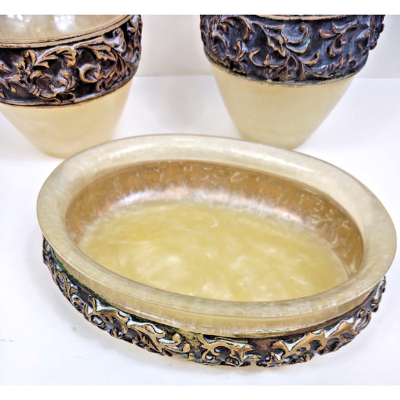 Vintage Wamsutta Adagio Bronze & Pearl Ivory Faux Marble Bathroom Set Soap Tooth - Picture 2 of 8